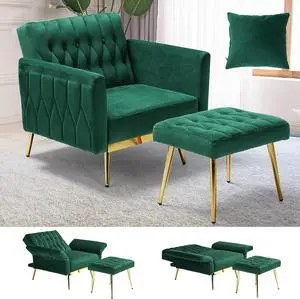 ACMEASE Velvet Accent Chair with Adjustable Armrests and Backrest, Button Tufted Lounge Chair, Single Recliner Armchair with Ottoman and Pillow for Living Room, Bedroom, Green, Welcome to consult