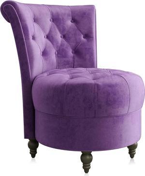BELLEZE Throne Royal Chair, Button-Tufted Accent Chair, Upholstered Velvet Chair, Low Back Armless Chair with Thick Padding and Rubberwood Legs - Malik (Purple)