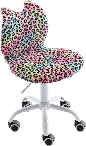 Modern Cute Cat Kids Desk Chair, Comfortable Fuzzy Small Desk Chair for Girls and Boys, Ergonomic Adjustable Swivel Computer Chair,Hello Kitty Vanity Chair Study Rolling Stools with Wheels, Leopard