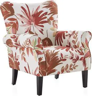 BELLEZE Modern Accent Chair for Living Room, High Back Floral Armchair with Wooden Legs, Upholstered Wingback Side Chair Padded Armrest Single Sofa for Living Room, Bedroom - Allston (Red Floral)