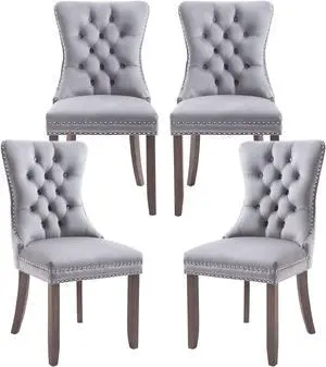 Kiztir Velvet Dining Chairs Set of 4, Upholstered Dining Chairs with Nailhead Trim and Button Back, Luxury Tufted Dining Chair for Living Room, Bedroom, Kitchen (Light Gray)
