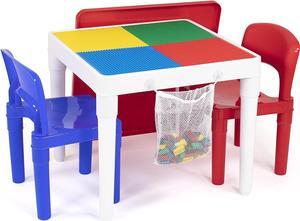 Humble Crew, White/Blue/Red Kids 2-in-1 Plastic Building Blocks-Compatible Activity Table and 2 Chairs Set, Square, Toddler, Welcome to consult