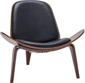 BELLEZE Mid Century Modern Tripod Plywood Lounge Chair Walnut Bentwood Upholstered Faux Leather, Black