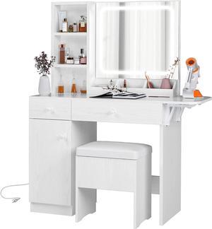 IRONCK Vanity Desk with LED Lighted Mirror & Power Outlet, Makeup Table with Drawers & Cabinet,Storage Stool,for Bedroom, White, Welcome to consult