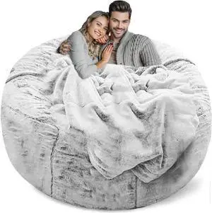 LapEasy Bean Bag Chair Cover(Cover Only,No Filler),Oversized Round Soft Fluffy PV Velvet Washable Lazy Sofa Bed Cover, Living Room Bedroom Furniture Outside Cover(Snow Grey)