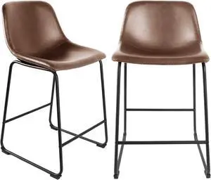 TAVR Furniture Counter Stools Set of 2, 24 inch Counter Height Bar Stools, Faux Leather Counter Stools with Metal Legs & Soft Backrest, Armless Dining Chairs for Kitchen Island Pub Coffee Shop, Brown