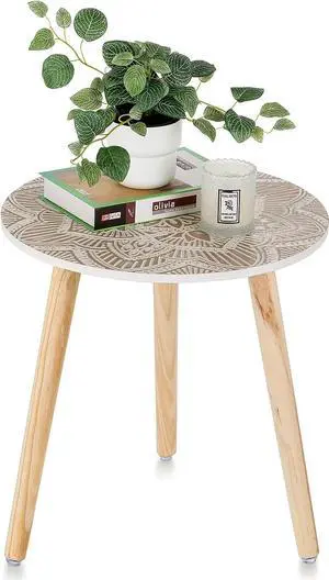 Hanobe Side Table Small Round: White End Table for Living Room Couch Bedroom - Modern Farmhouse Bedside Tables with 3 Wood Legs Boho Space Home Patio Sofa Console Accent