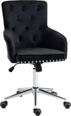 HOMCOM Modern Mid-Back Desk Chair with Button Tufted Velvet Back, Nailhead Trim, Swivel Home Office Chair with Adjustable Height, Curved Padded Armrests, Black