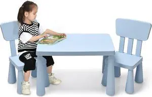 COSTWAY 3-Piece Kids Table and Chairs Set, Lightweight Plastic Children Activity Center for Reading, Writing, Painting, Snack Time, Kids Furniture Art Study Desk & Chairs Set for Ages 1-7 (Blue)