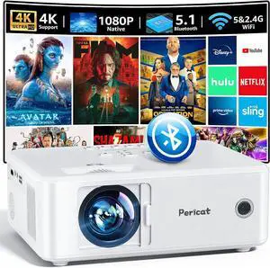 Projector with WiFi and Bluetooth, 5G WiFi Native 1080P Movie Projector, 9800L 4K Supported Portable Outdoor Projector, Pericat Home Theater Projector Compatible with TV Stick, Phone, Laptop