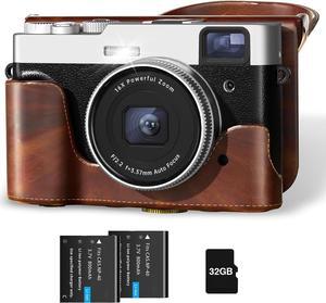 Upgraded 4K Digital Camera with Leather Case, 48MP Vlogging Cameras for Photography and Video with Viewfinder, 16X Zoom Autofocus Compact Point and Shoot Camera for YouTube with 32G Card & 2 Batteries