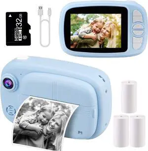Kids Instant Camera, Mijiaowatch 12MP/1080P Kids Digital Print Camera with 3.5 Inch Zero Ink Print Cameras for Kids 32GB TF Card, Video Photo Recorder 3 in 1 Gift Toys for Boys Girls Ages 3-14 (Blue)