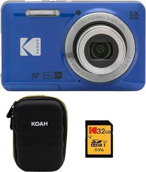 KODAK PIXPRO Friendly Zoom FZ55-BL 16MP Digital Camera with 5X Optical Zoom 28mm Wide Angle and 2.7" LCD Screen (Blue) Bundle with Protective Case, 32GB Memory Card (3 Items), Welcome to consult