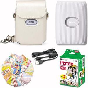 Instax Mini Link 2 Smartphone Printer Clay White + Fuji Film Value Pack (20 Sheets)+ Shutter Accessories Bundle, Incl. Protective Case, 20 Sticker Frames, USB Cable