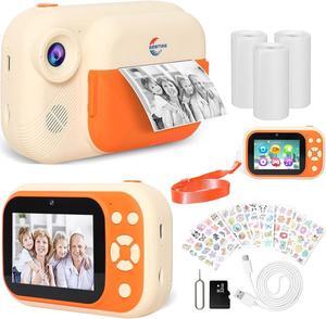Seemee Instant Print Camera for Kids, Funny Selfie Camera, Kids Digital Camera with 3.5" Screen, 32G Card, Print Papers, Stickers, Dual Cameras HD 1080P, Birthday Gifts Toys for Boys Girls (Beige)