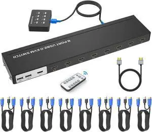 KVM Switch HDMI 8 Port, Yinker 4K@30Hz USB HDMI Rack KVM Console 8 in 1 Out w/9pack Cables 4 USB 2.0 Hubs Desktop Selector IR Remote & Ears
