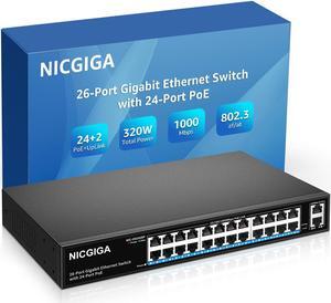 NICGIGA 24 Port Gigabit PoE Switch Unmanaged, 24 Port PoE+@320W, 2 Gigabit Uplink Ports, 26 Port Gigabit Network Power Over Ethernet Switch, VLAN Mode, 19 inch RackMount, Plug and Play.