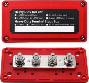 AMOMD 300A Bus Bar Box Heavy Duty Module Design Nickel Plated Brass Buss Battery Power Distribution 4xM8(5/16") Stainless Steel Terminal Studs Marine Ground DC12 24 48VRed, Welcome to consult