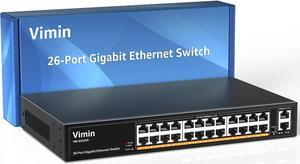 VIMIN 24-Port Gigabit Ethernet Switch with 2 Uplink 1000Mbps Ports, 26-Port Unmanaged Network Switch Support IEEE802.3af/at, VLAN, Metal Housing, Desktop, 19 inch Rack-Mount, Plug and Play
