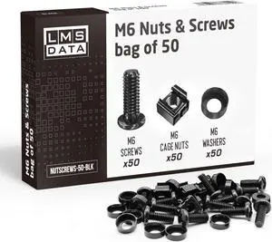 LMS Data M6 Cage Nuts and Screws - Panel Rack Mount Equipment for Rack Mount Server 19x10 inch Cabinet, Patch Panel, Server Shelves Fixing and Installation - Black 50-Pack Rack Screws and Cage Nuts
