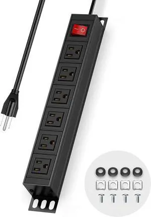 6 Outlet Metal Power Strip,Heavy Duty Wide Spaced Power Strip,Mountable Power Strip for Home Office Garage Workbench,6FT Extension Cord,Black