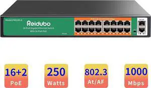 Reidubo 18 Ports Ethernet Gigabit PoE Switch,16 Port PoE Network Switch with 2 Uplink Gigabit Ports, 250W, Unmanaged, 19-inch Rackmount, Fanless Quiet Operation, Compatible with AP WiFi6, PoE Cameras