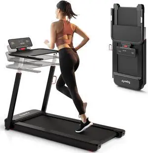 GYMAX Foldable Treadmill, 3HP Folding Desk Treadmill with Height Adjustable Desktop, Portable Running Walking Jogging Machine for Workout, Compact Treadmill for Small Space Office Home Gym