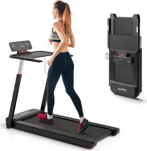 Goplus 3HP Foldable Treadmill with Desk, Superfit Folding Treadmills for Home Office, Adjustable Height, Bluetooth Speaker, APP Control, LED Display, 25 Preset Programs, Portable Walking Machine