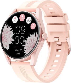 HUAKUA Smart Watches for Women Men (Answer/Make Calls) Compatible with iPhone/Android Phones, Reloj para Mujer Hombre Round Fitness Tracker with Heart Rate Monitor Sleep/Steps Tracker Waterproof Pink