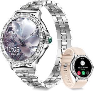 Smart Watch(Answer/Make Call) for Women with Diamonds, 1.3Smartwatch for iPhone Android Compatible, IP68 Waterproof 100+Sports Modes Fitness Watches with Heart Rate/SpO2/Sleep Monitor/Blood(Sliver)