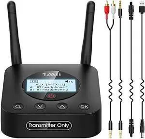1Mii B06TX+ Long Range Bluetooth 5.2 Transmitter for TV/PC/Projector to 2 Wireless Headphones/Speakers, Bluetooth Adapter for TV w/Screen Display Plug n Play, aptX Low Latency & HD Audio