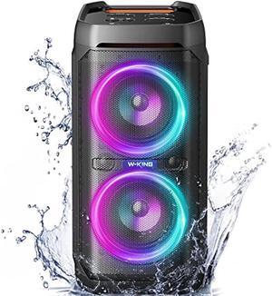 W-KING 100W Bluetooth Speakers V5.3, IPX6 Waterproof Portable Loud Speaker with Deep Bass/110dB Huge Sound/DSP, Karaoke Outdoor Boombox with Lights/Mic & Guitar Port/Echo/USB Port/EQ/Adapter Included