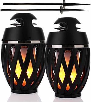 Gabba Goods 2-Pack Black Tiki Surround Sound LED Flame Bluetooth Speakers with Poles - Waterproof, Weatherproof, Rechargeable, Perfect for Camping, Patio, Pool, Yard, BBQ, and Halloween Decorations