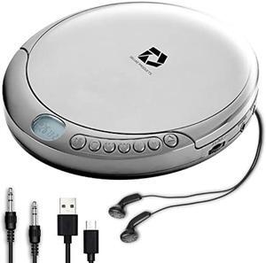 Deluxe Products CD Player Portable with 60 Second Anti Skip, Stereo Earbuds, Includes Aux in Cable and AC USB Power Cable for use at Home or in Car. Silver