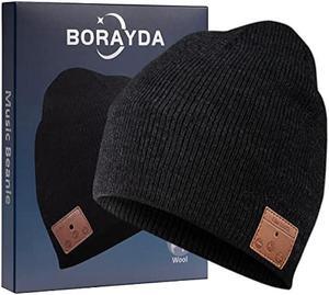 BORAYDA Bluetooth Beanie, Bluetooth 5.2 Wool Hat HD Stereo,24 Hours Play Time,Built-in Microphone, Men's/Women's Christmas Electronic Gift (Black)