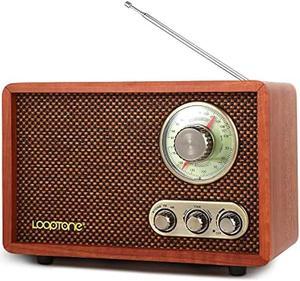 LoopTone USB SD Multifunction AM FM Vintage Radio with Bluetooth Speaker,Retro Wood Table Radio for Kitchen Living Room with Rotary Knob Brown