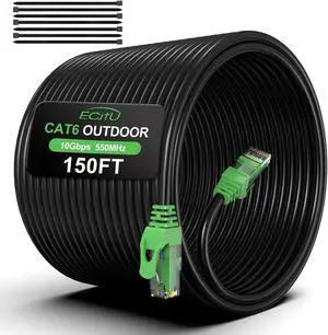 150FT Cat6 Outdoor Ethernet Cable, In-Ground, Heavy Duty Direct Burial, 24AWG CCA Patch Cord for Laptops, PCs, Routers, Printers, Surveillance Camera, POE, UTP Cat 6 Internet Cable with 25 Cable Ties