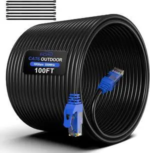 100FT Cat6 Outdoor Ethernet Cable, In-Ground, Heavy Duty Direct Burial, 24AWG CCA Patch Cord, POE, UTP, Waterproof, LLDPE UV Resistant, Network, Internet, LAN, Cat 6 Cable 100 Feet with 25 Cable Ties