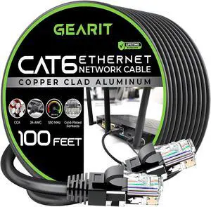 GearIT Cat 6 Ethernet Cable CCA (100 feet) LAN Network Cord, UTP, Internet, Network Cable - Supports Cat6 / Cat5e / Cat5 Network Standard - Black, 100ft