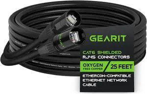 GearIT CAT6 Ethernet Cable, EtherCON-Compatible (25 Feet) RJ45 Connectors for Pro Audio, Aluminum Shielded, Oxygen Free Copper - 25 ft. - Black