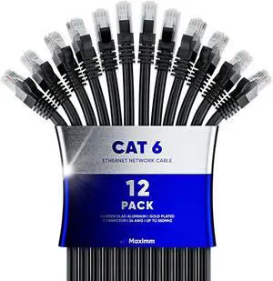 Maximm Cat 6 Ethernet Cable 12 Ft, (12-Pack) Cat6 Cable, LAN Cable, Internet Cable, Patch Cable and Network Cable - UTP (Black) 12 Feet