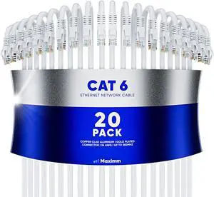 Maximm Cat 6 Ethernet Cable 1.5 Ft, (20-Pack) Cat6 Cable, LAN Cable, Internet Cable, Patch Cable and Network Cable - UTP (White) 1.5 Feet