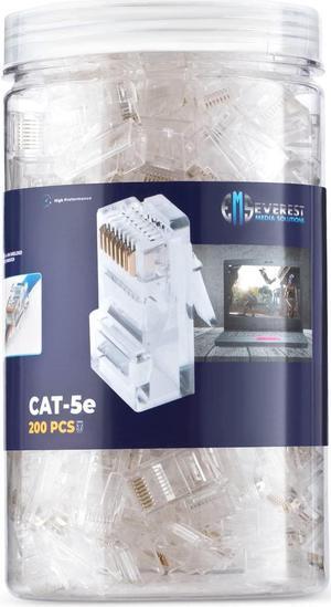 Everest Media Solutions RJ45 Cat5e Pass Through Connectors - Pack of 200 | EZ to Crimp Modular Plug for Solid or Stranded UTP Network Cable | Male Ethernet Connector End