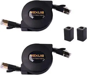 REXUS 2-Pack Retractable Cat 7 Flat Ethernet Network Cable 4.9 FT (1.5 M) with 2 RJ45 Coupler, High-Class 10 Gigabit LAN Wires Internet Patch Cable with RJ45 Gold Plated Connector (C7R15x2CP)