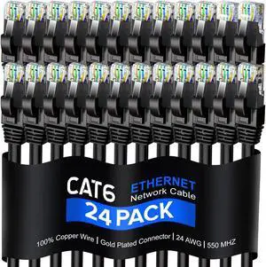 Maximm Cat 6 Ethernet Cable 6 Ft, 100% Pure Copper, Cat6 Cable (24 Pack) LAN Cable, Internet Cable, Patch Cable and Network Cable - UTP (Black) 6 Feet