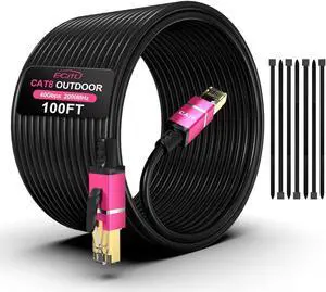 100FT Cat8 Outdoor Ethernet Cable, In-Ground, 26AWG Pure Copper Cat 8, Heavy Duty Direct Burial, LLDPE UV Jacket, Waterproof, 40Gbps 2000Mhz SFTP Patch Cord, POE, Network, Internet, with 25 Cable Ties