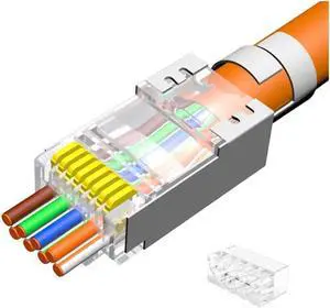 VIVOCH 50 Pcs Cat7 RJ45 Pass Through Connectors, Cat7 RJ45 Pass Through Plugs, Cat7 2-Piece Metal Shielded RJ45 Ends FTP 8P8C Modular Network Plug Connector