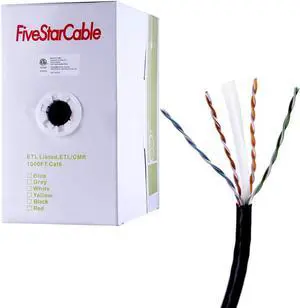 FiveStarCable 1000Ft Cat6 CMR Riser Rated Solid Bare Copper UTP 4 Twisted Paired Network Ethernet Router LAN Cable PVC Black