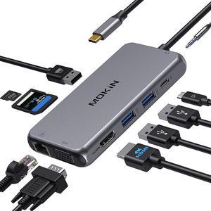 USB C Hub Type C Multiport Adapter for MacBook Pro/Air, 10 in 1 Mac Dongle with HDMI, Ethernet, VGA, PD Port, 3 USB 3.0, SD/TF Card Reader and Mic/Audio for Windows Type C Laptops