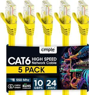 Cmple  5 Pack Cat6 Ethernet Cable, High Speed Cat6 Internet Network Cable, Ethernet Patch Cables, Computer LAN Cable with Snagless RJ45 Connectors - 7 Feet Yellow (Pack of 5)